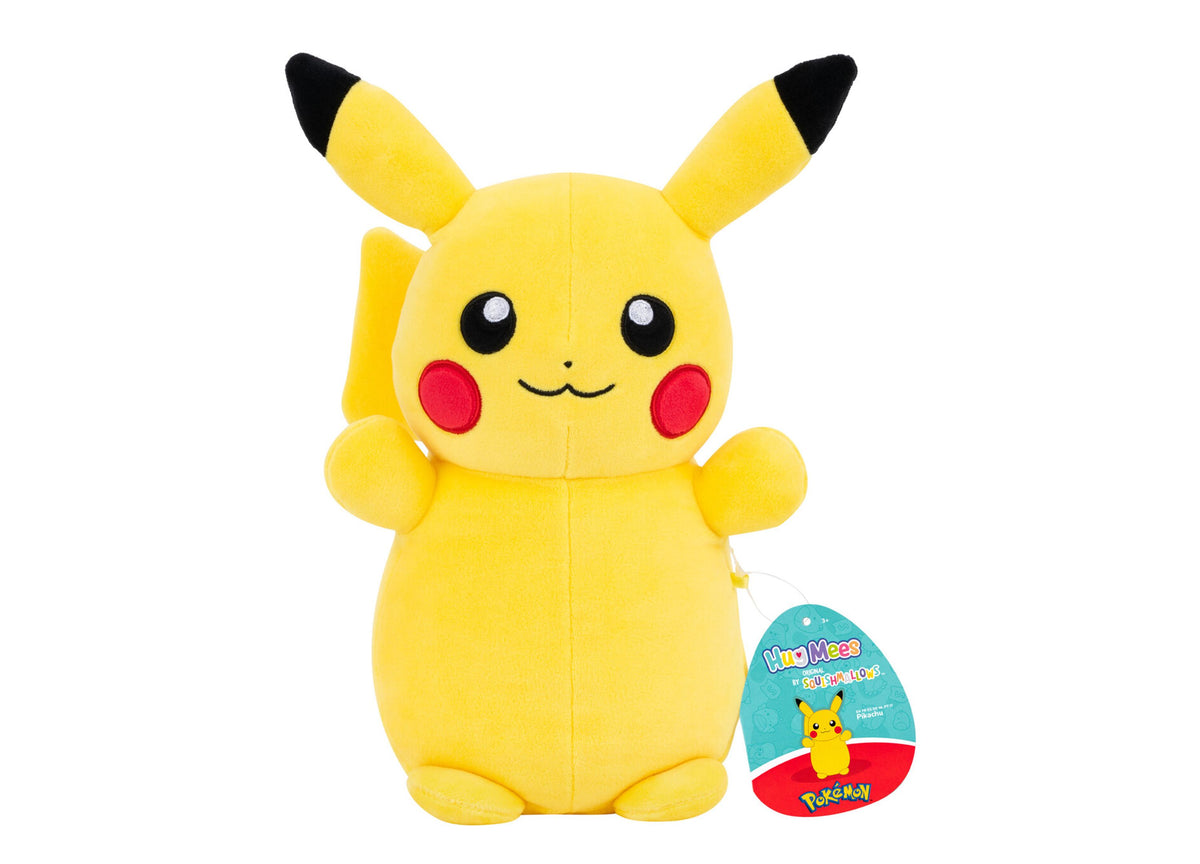 Pokemon HugMee Pikachu 10" Plush toy with yellow body, black-tipped ears, red cheeks, and smiling face