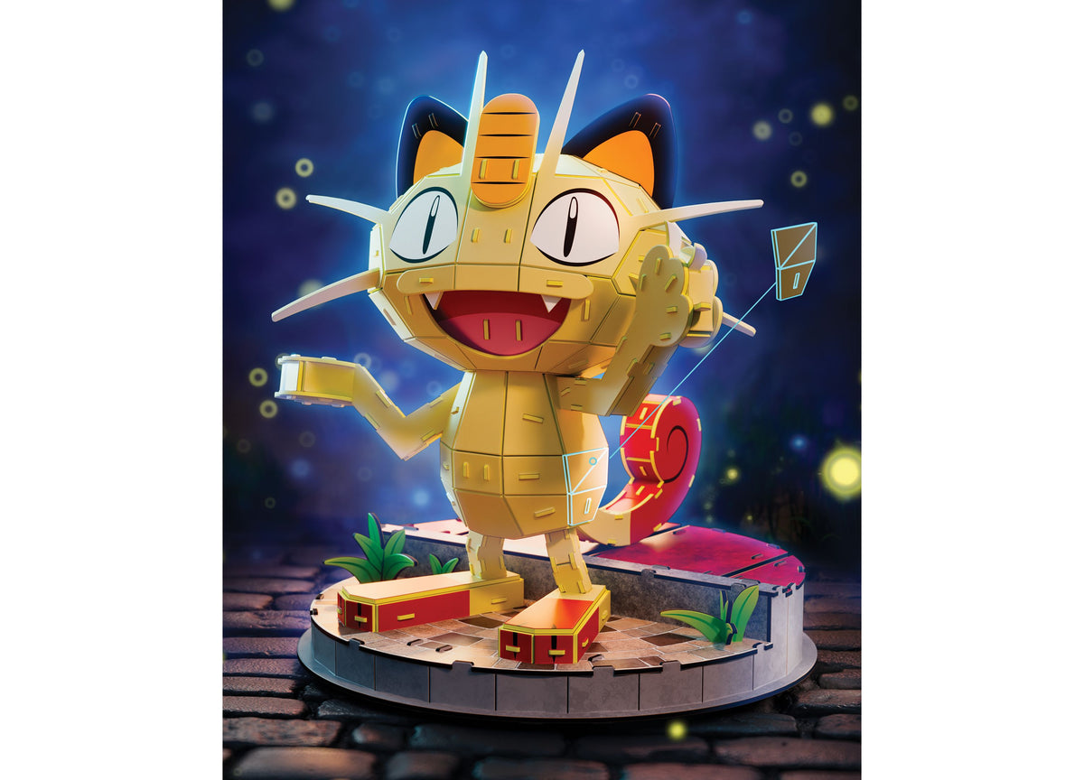 Pokemon 4D Build Meowth 137-Piece Foam 3D Puzzle featuring yellow Meowth character with orange ears on cobblestone base