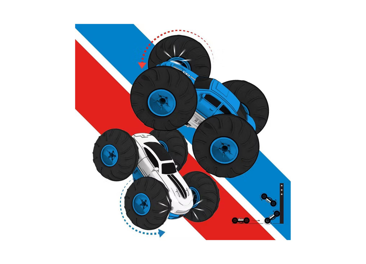 Sharper Image Flip Stunt Rally 2-in-1 RC stunt vehicle in blue and white with large black tires, shown flipping with ...