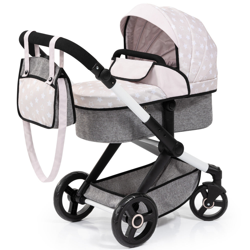 Gray and white star-patterned doll pram with black handles, seat basket, and wheels, includes matching diaper bag