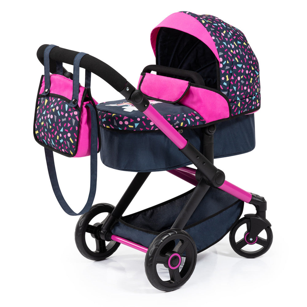 Doll pram with navy and pink colorful confetti pattern, matching handbag, black frame, and wheels