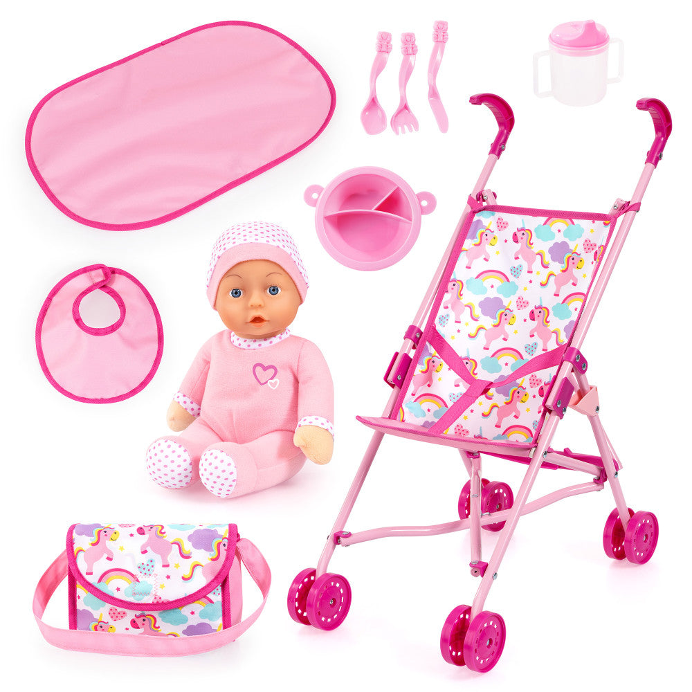 pink umbrella stroller Bayer Design Pink Unicorn Umbrella Stroller Doll Set for Kids Ages 3+