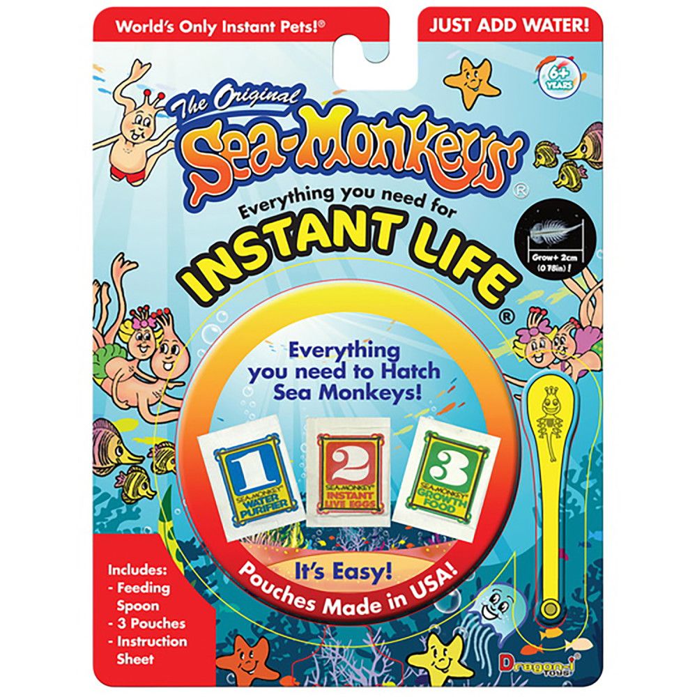 Sea-Monkeys Original Instant Life Kit packaging showing three colored pouches numbered 1-2-3, feeding spoon, and yellow sea-monkey growing stick, with cartoon s
