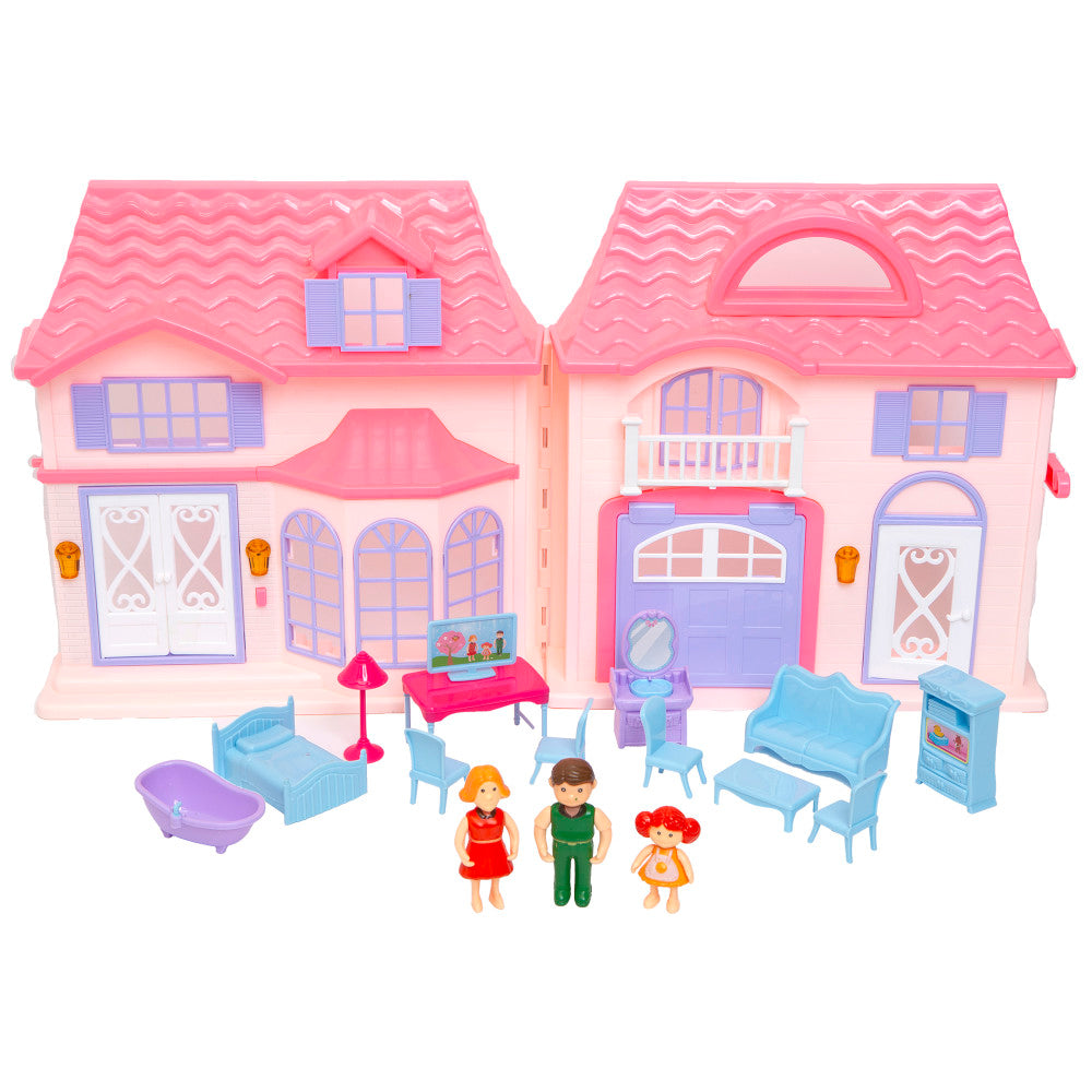 Boley Doll House Playset Pink Purple 16pc with Family