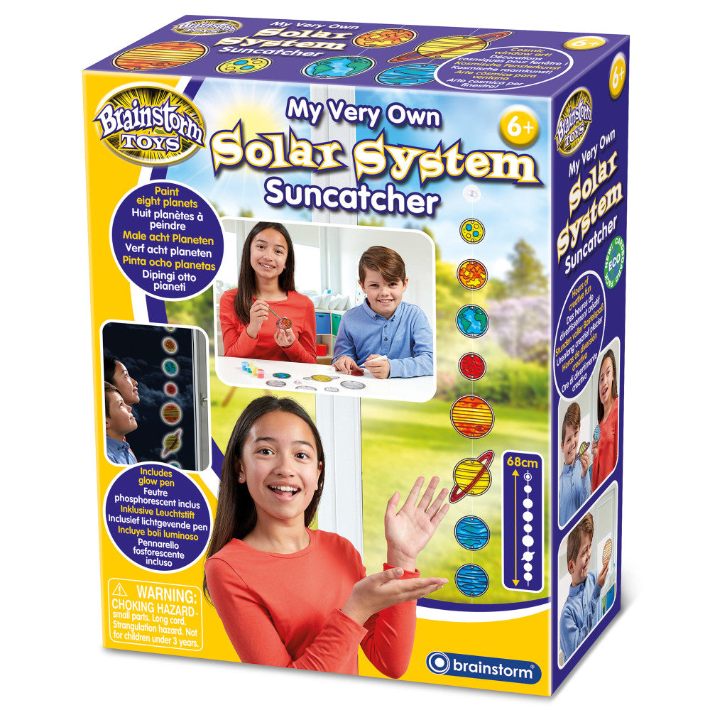 Brainstorm Toys My Very Own Solar System Suncatcher kit box showing children painting planet suncatchers, includes glow pen and 68cm mobile, ages 6+