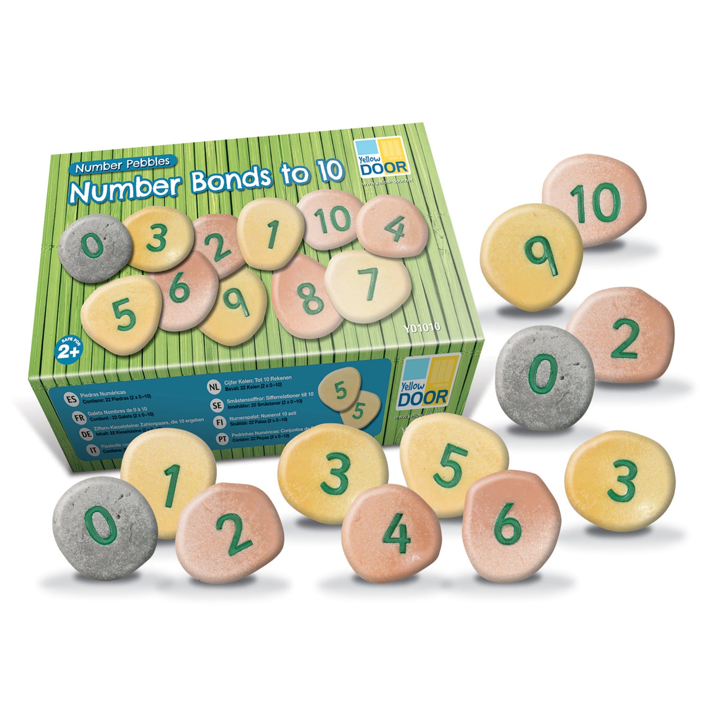 Number Pebbles Number Bonds to 10 sensory sorting set with colorful numbered stones in yellow, pink, and gray