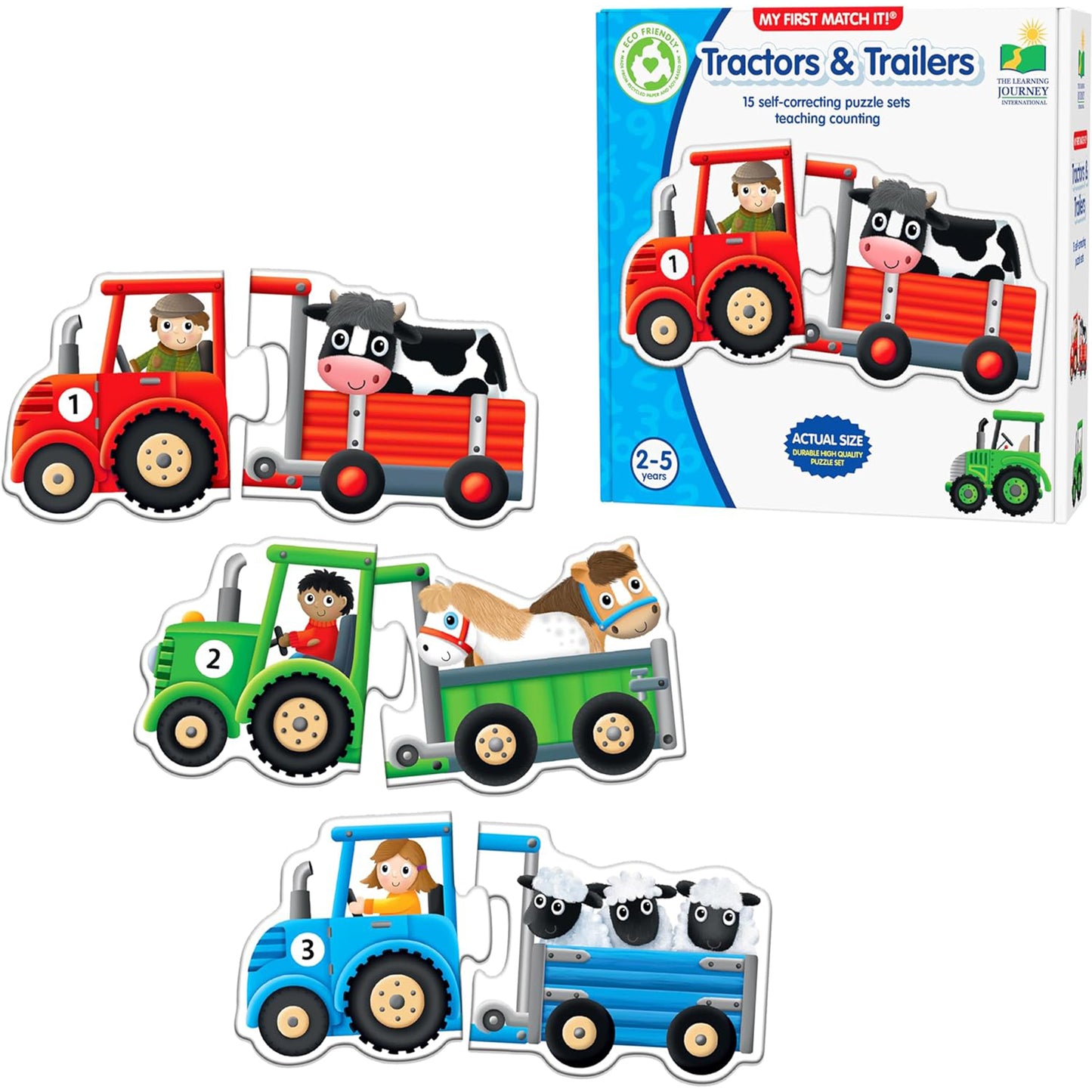 Match It! Tractors & Trailers puzzle set with red, green, and blue tractors and trailers featuring numbered counting ...