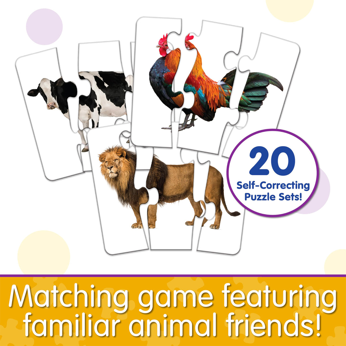 Match It! Head to Tail Animal Puzzle Cards showing cow, roosters, and lion with self-correcting puzzle pieces