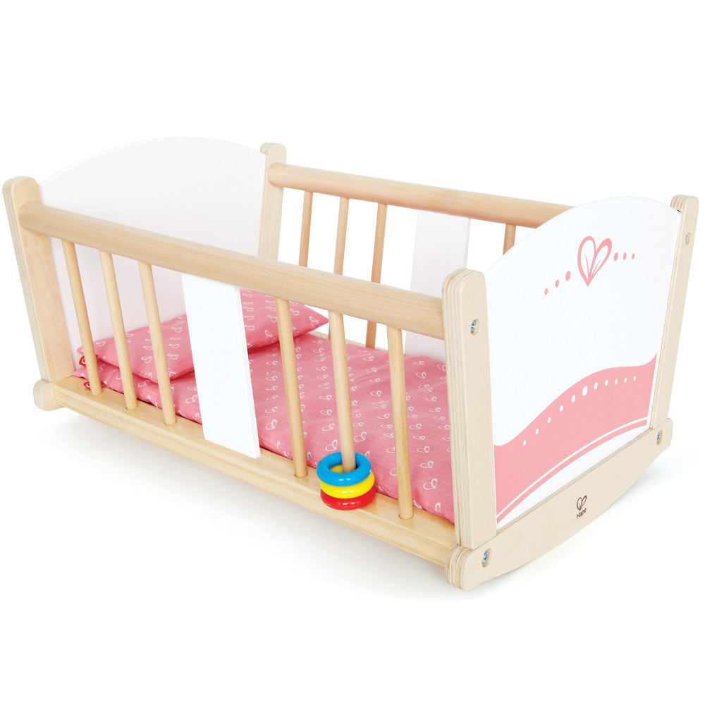 Hape: Rock-A-Bye Cradle - Pink & White - Baby Doll Sturdy Wooden Cradle