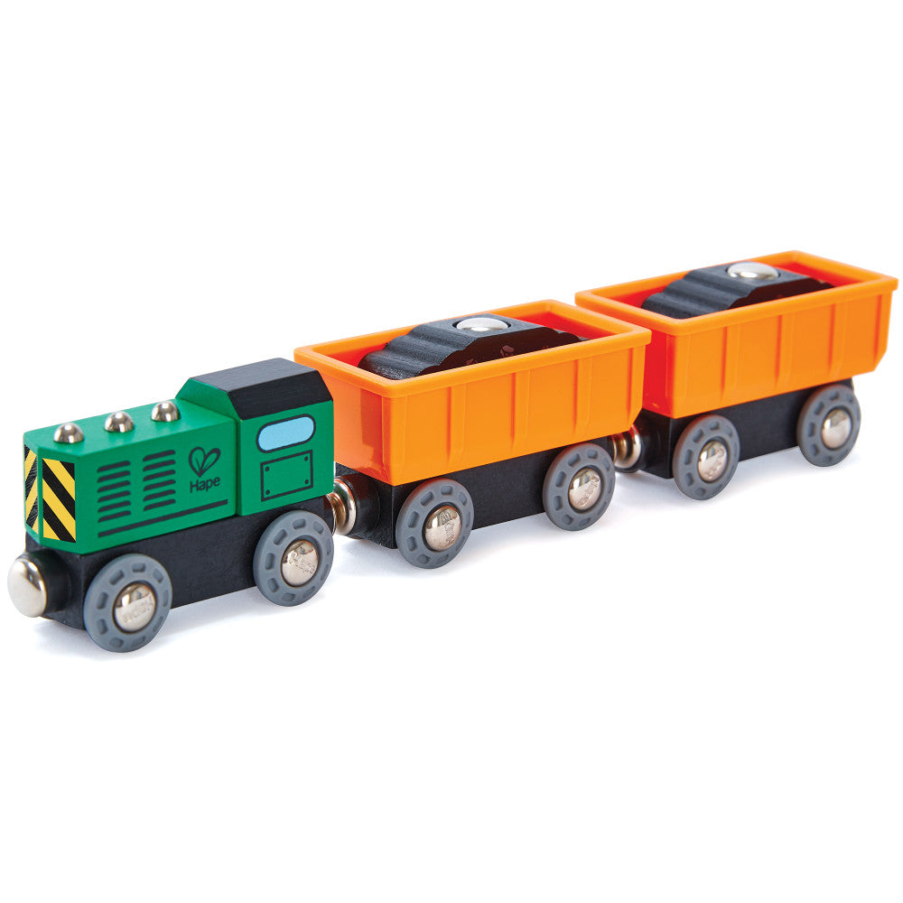Hape Diesel Freight Train Set Green Orange 3pc Wooden