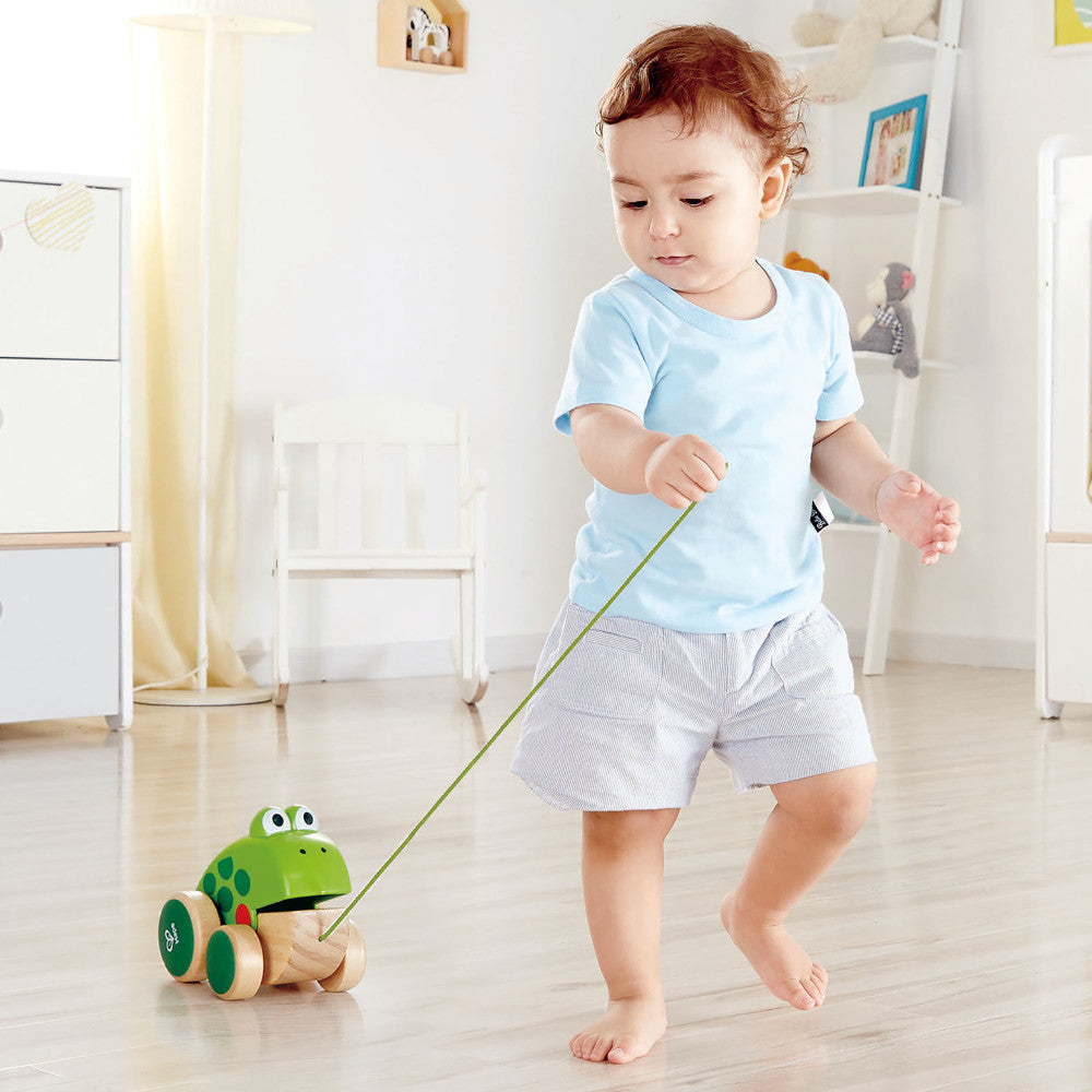 Hape: Pull Along Frog - Wooden Green Toy W/ Open & Close Mouth