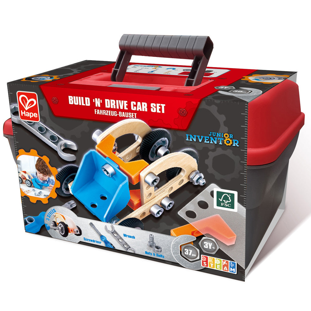 Hape: Junior Inventor: Build 'N' Drive Car Set - 37pcs