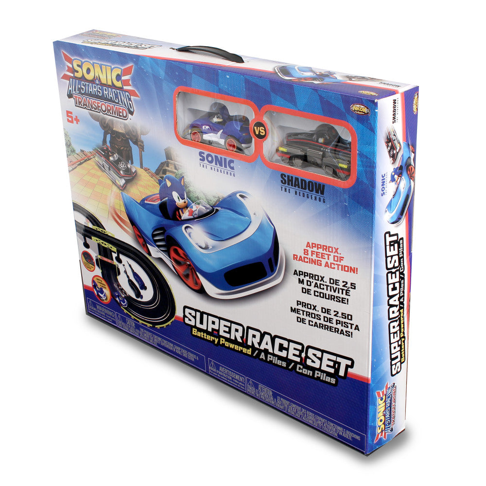 Sonic All-Stars Racing Transformed Super Race Set box showing blue Sonic race car and black Shadow race car with track and accessories