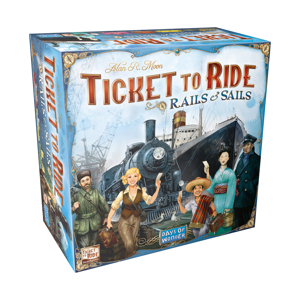 Ticket to Ride: Rails & Sails Board Game box showing a steam locomotive, sailing ship, and illustrated characters in vintage travel attire