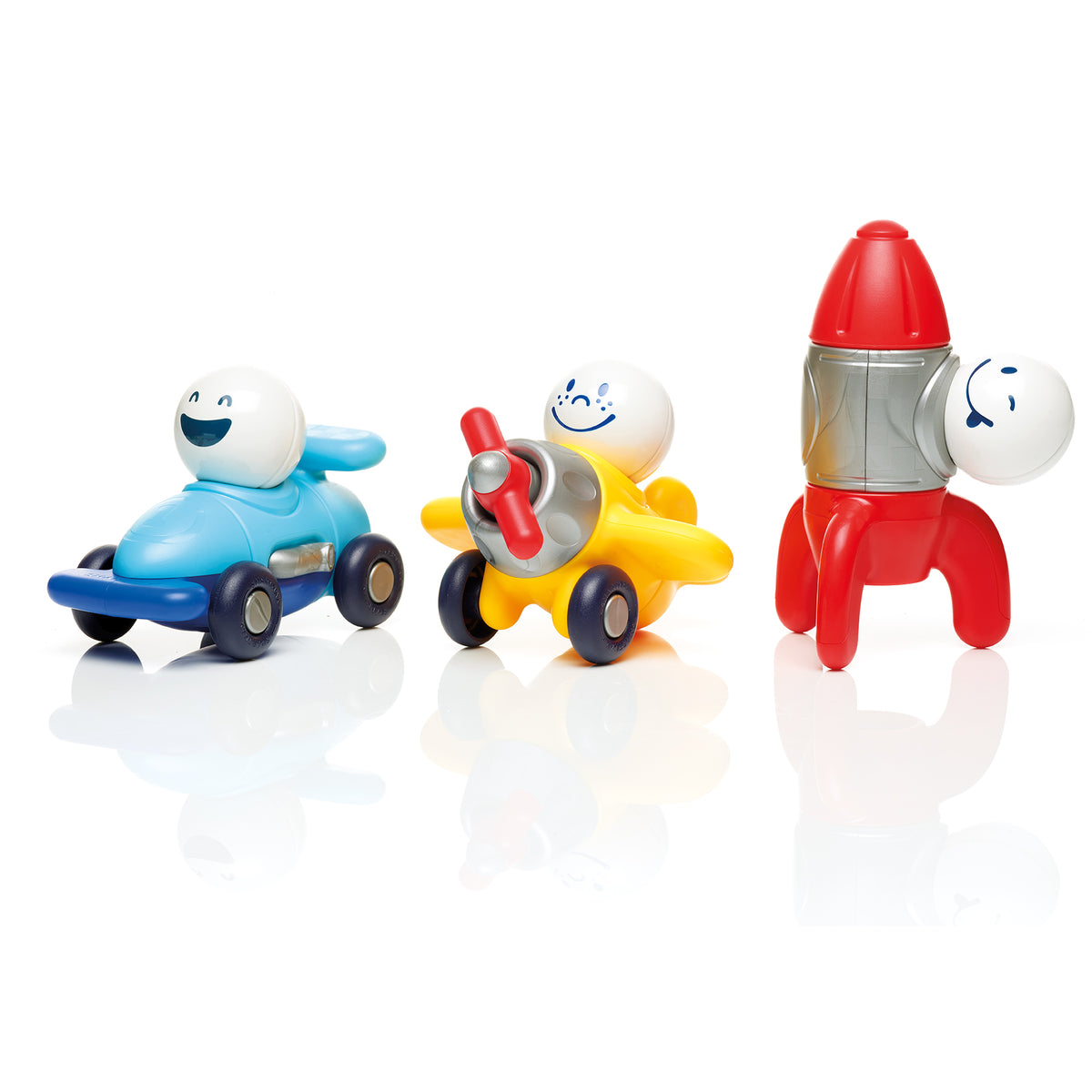 SmartMax Explorers magnetic building set with blue car, yellow plane, and red rocket toy vehicles
