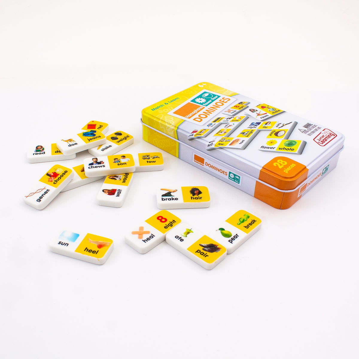 Homophone Match & Learn Dominoes 28-piece set with yellow and white tiles in orange collector's tin