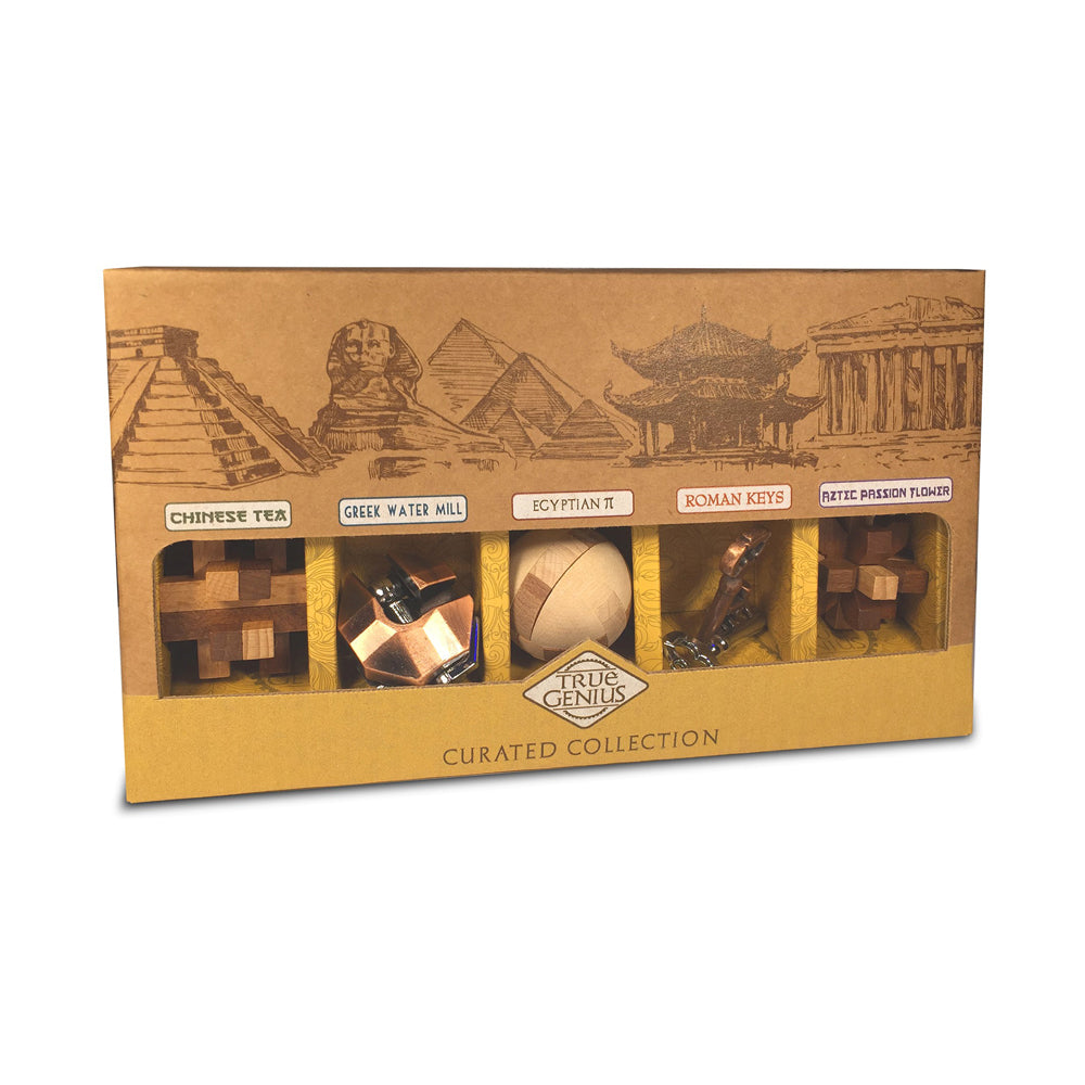 True Genius Curated Collection brain teaser puzzle set in gold box with five compartments labeled Chinese Tea, Greek Water Mill, Egyptian II, Roman Keys, and Az