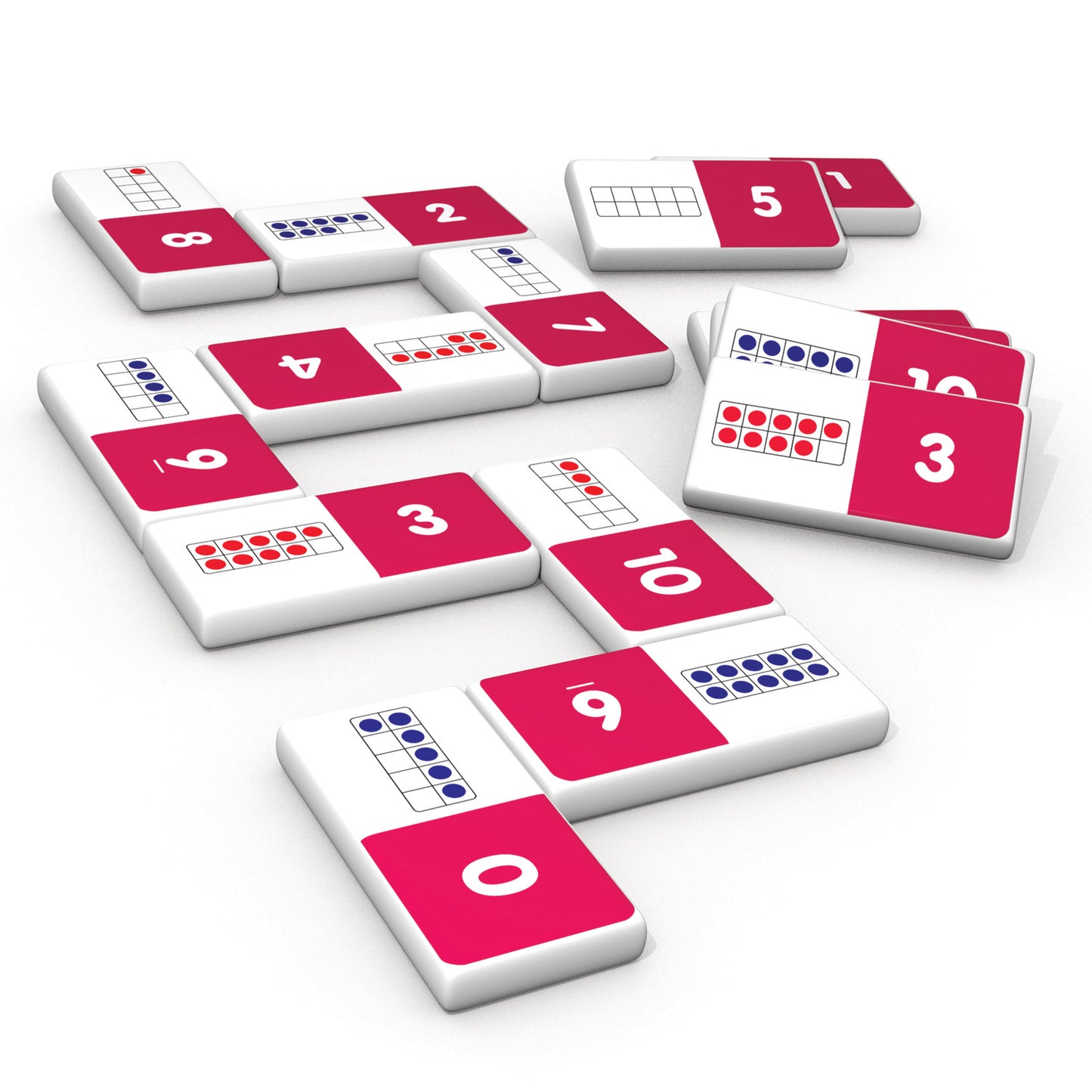 Ten Frames Dominoes 28-piece number matching game with red and white tiles showing numbers 0-10 and dot patterns