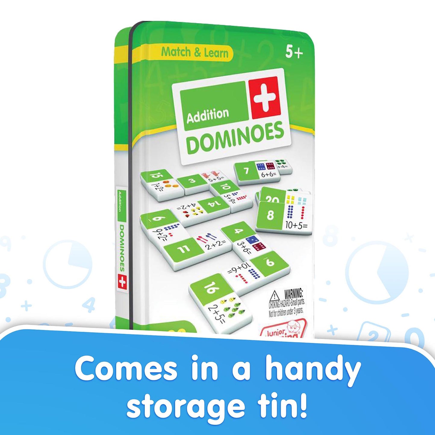 Addition Dominoes 28-Piece Math Game in green storage tin for ages 5+
