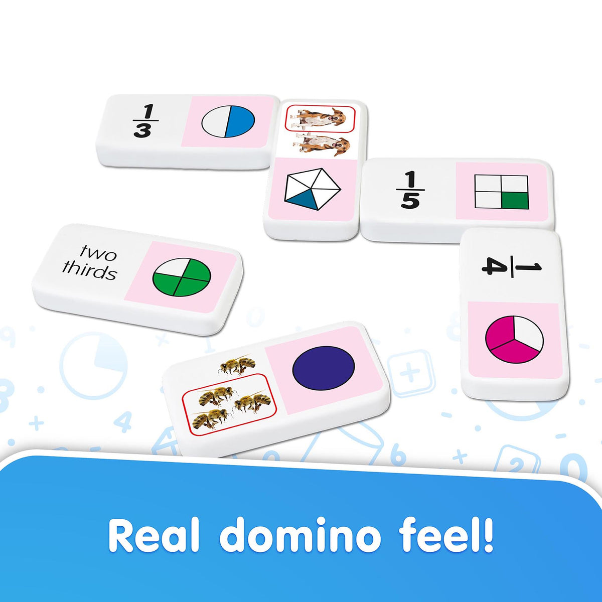 Fraction Dominoes 28-piece matching game with colorful tiles showing fractions, shapes, and bees in collector's tin