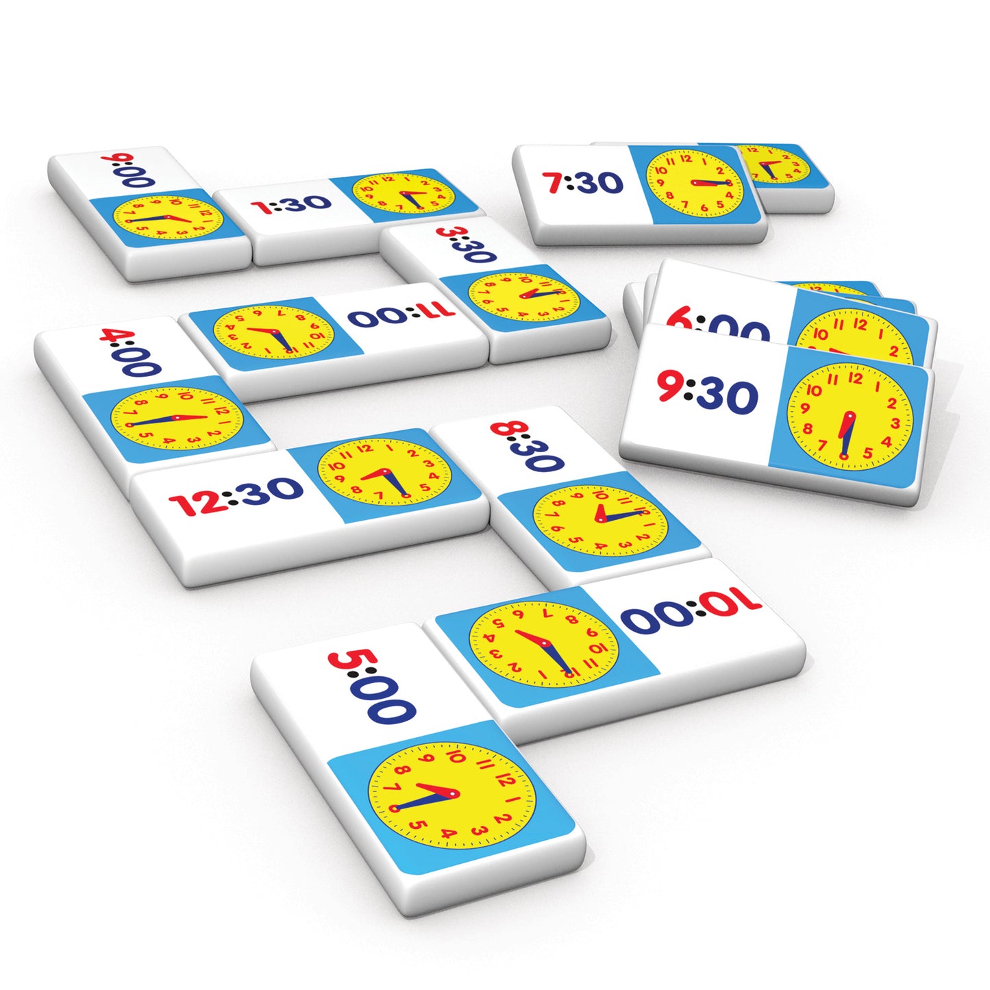 Junior Learning Time Dominoes 28-piece matching game with yellow clocks and digital time displays