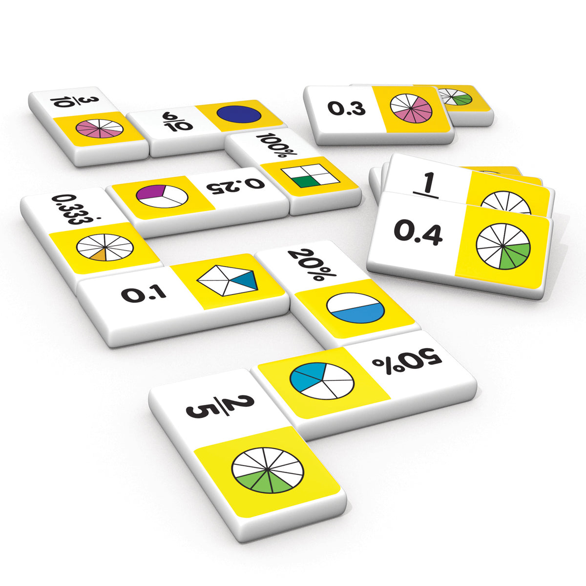 Junior Learning Equivalence Dominoes 28-piece matching game with fraction and decimal tiles in yellow and white
