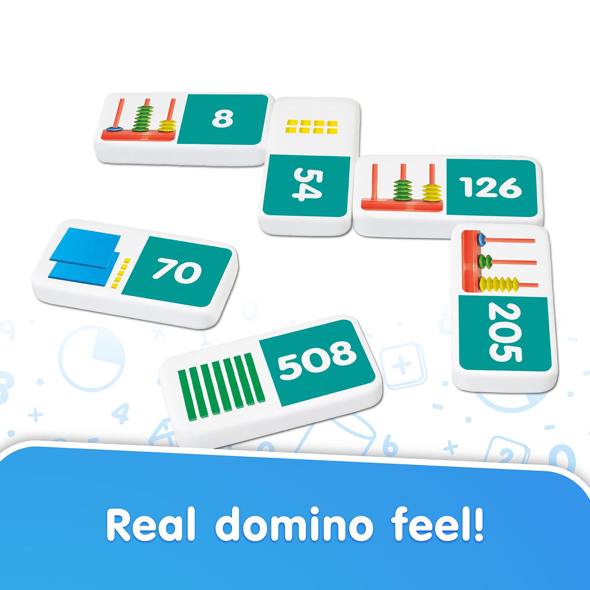 Place Value Dominoes set with numbered tiles showing place value representations in teal, yellow, and red