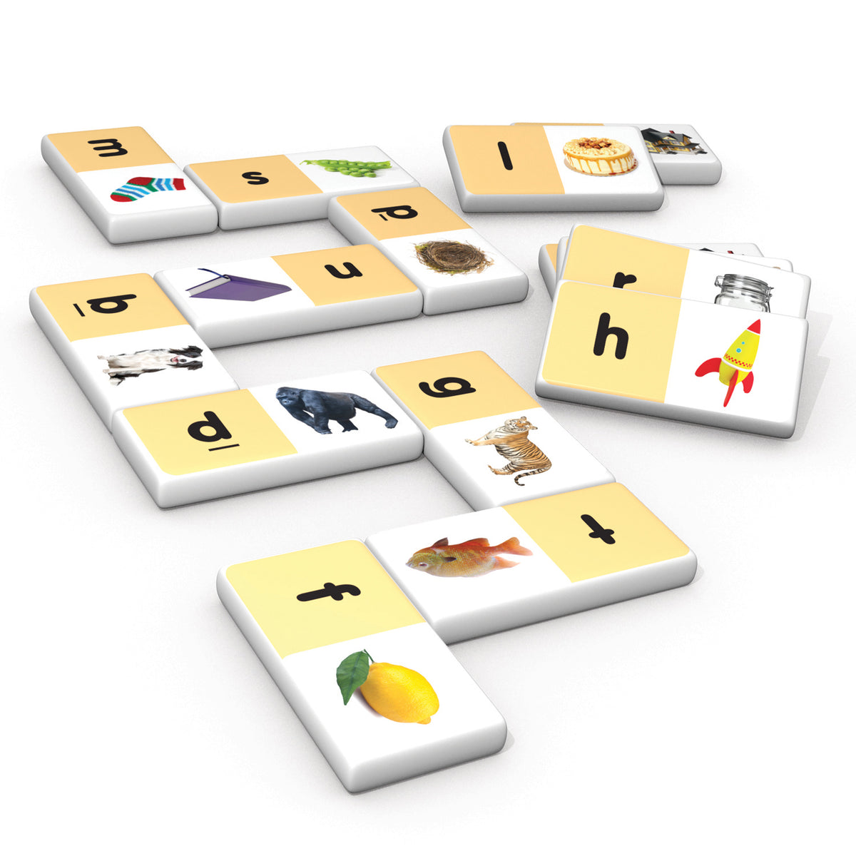 Beginning Sounds Dominoes 28-piece phonics matching game with yellow tiles and picture cards for learning letter sounds