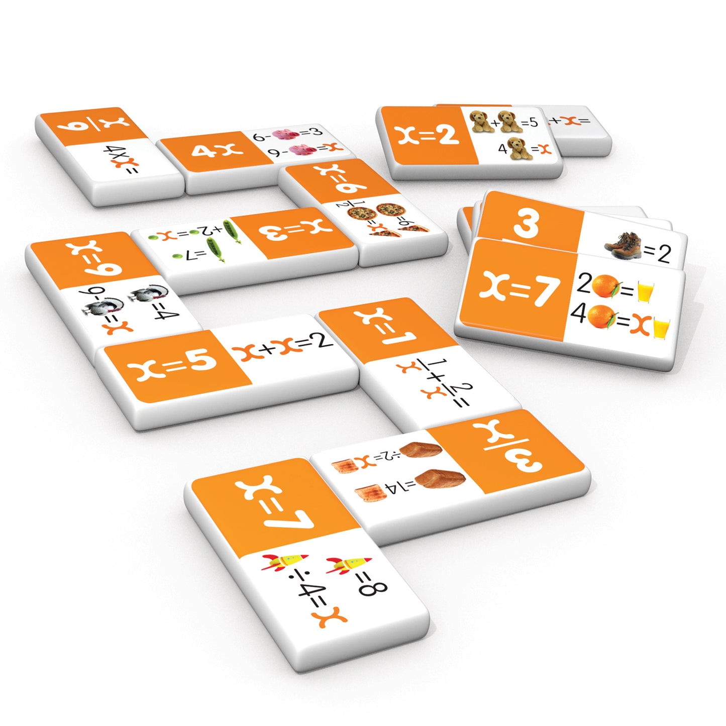 Junior Learning Algebra Dominoes 28-piece matching game with orange and white tiles featuring math equations and colo...