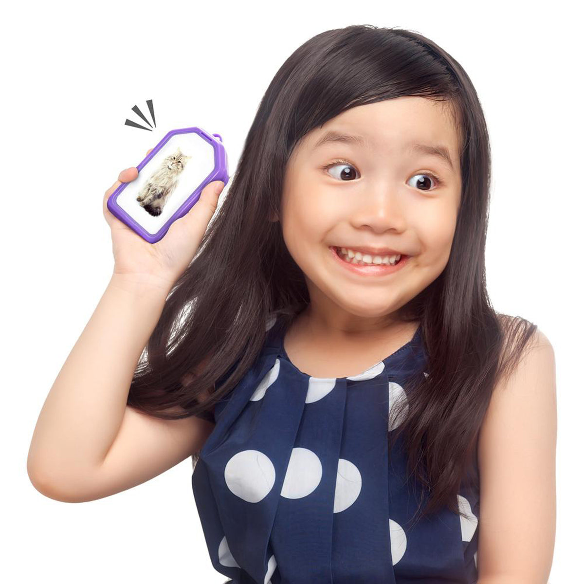 Girl holding purple Rainbow Recorder toy displaying playback screen with owl image