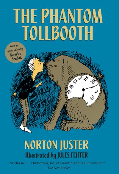 The Phantom Tollbooth book cover with blue background and illustrated character with clock