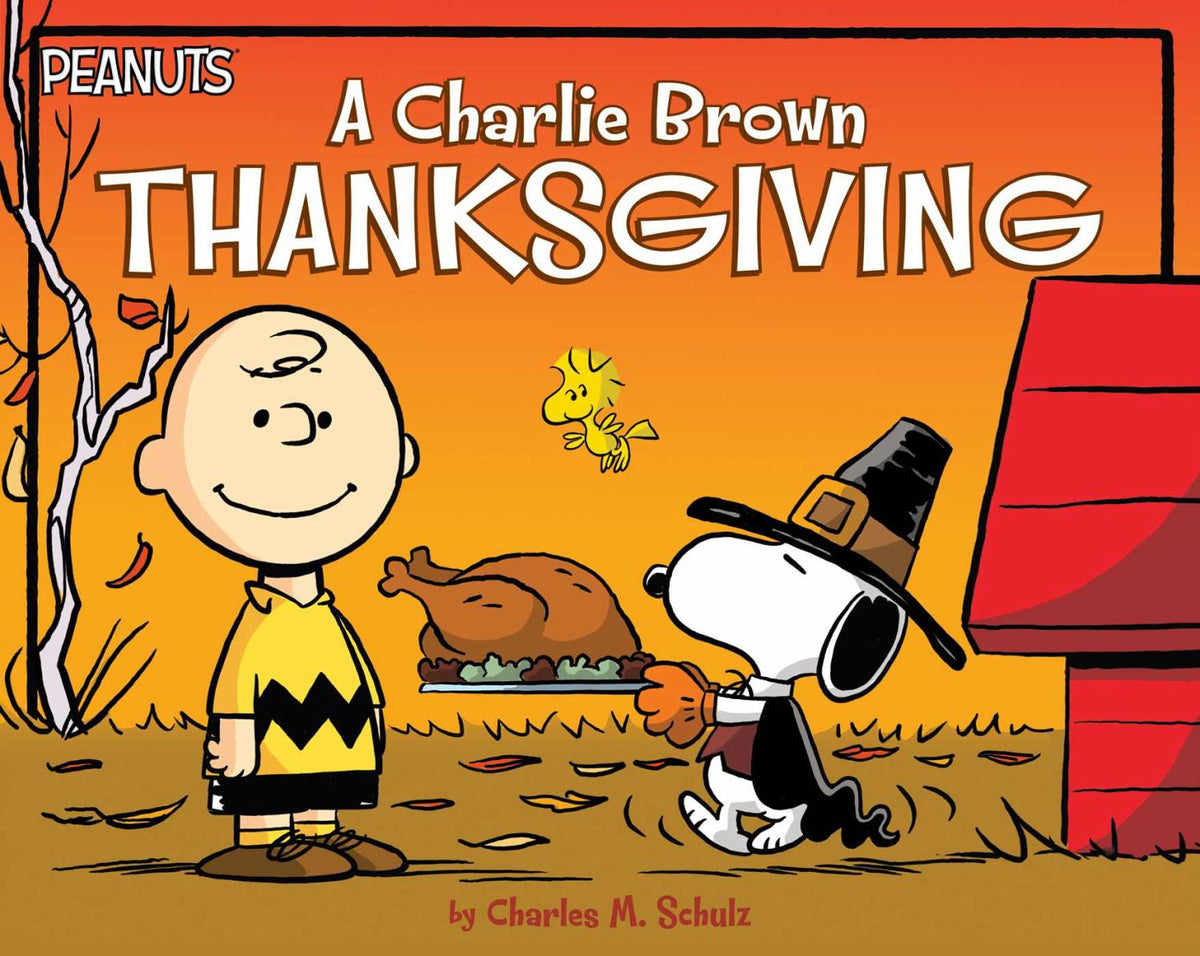 A Charlie Brown Thanksgiving book cover featuring Charlie Brown and Snoopy with turkey