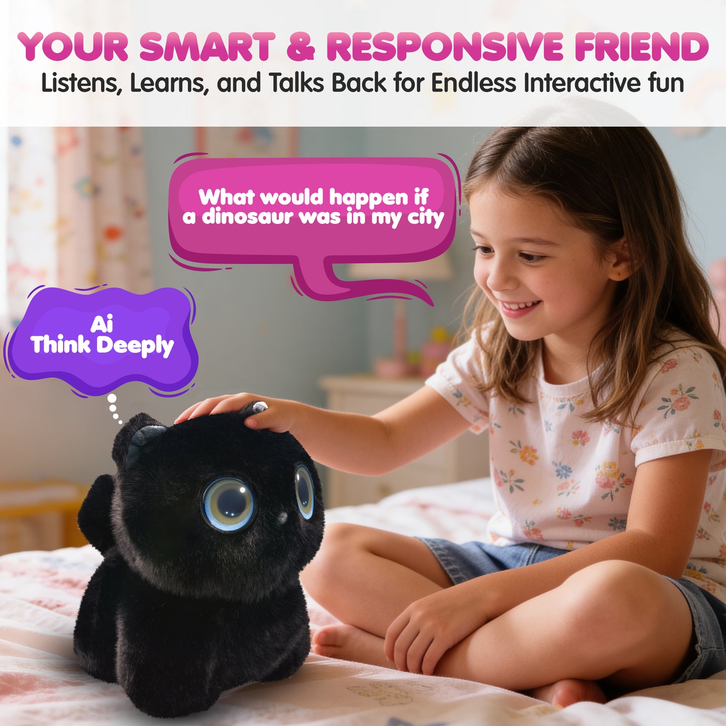 Contixo Al Pixie-Paw black interactive plush cat with glowing eyes and voice response