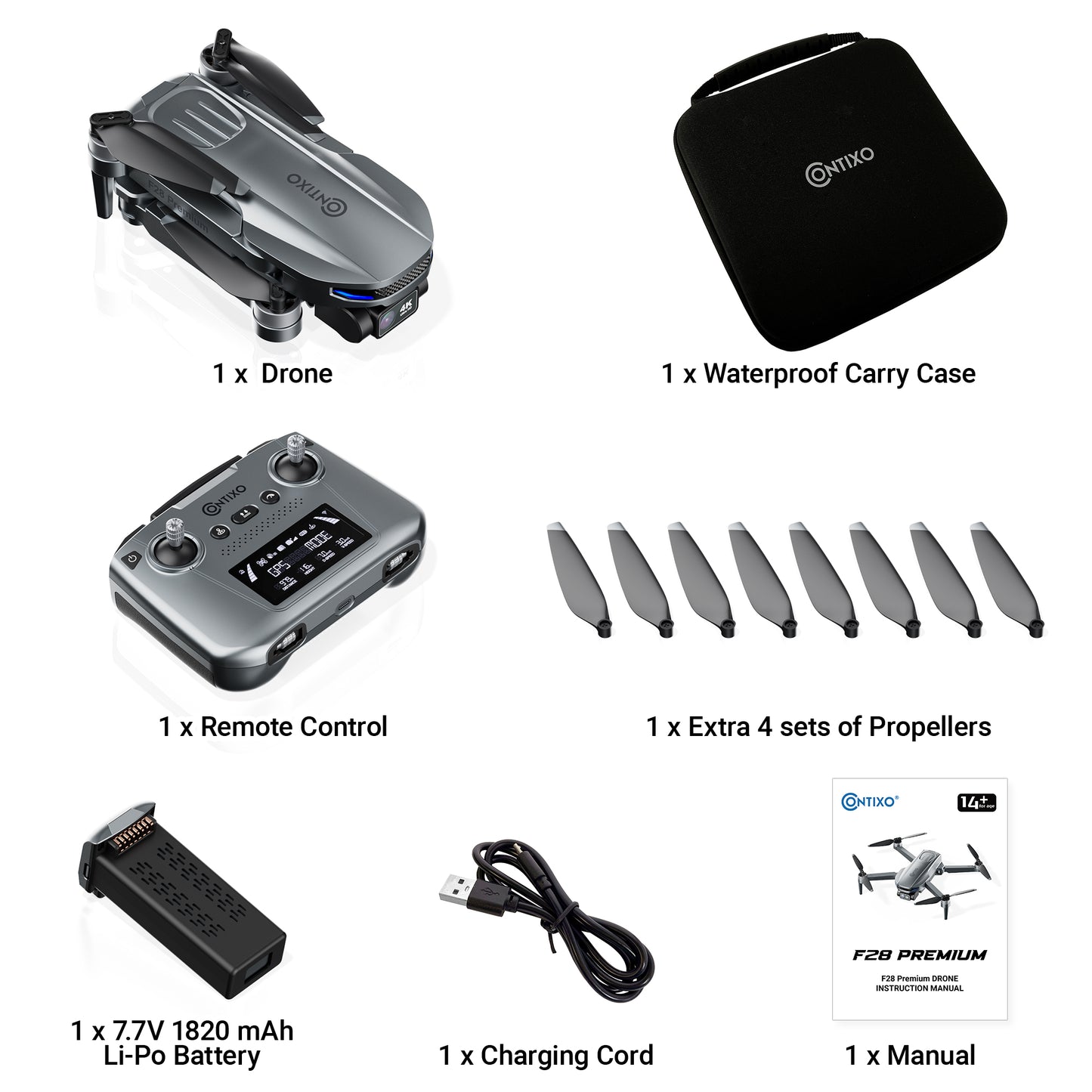 Contixo F28 Premium GPS drone with 4K camera, remote control, battery, propellers and carrying case