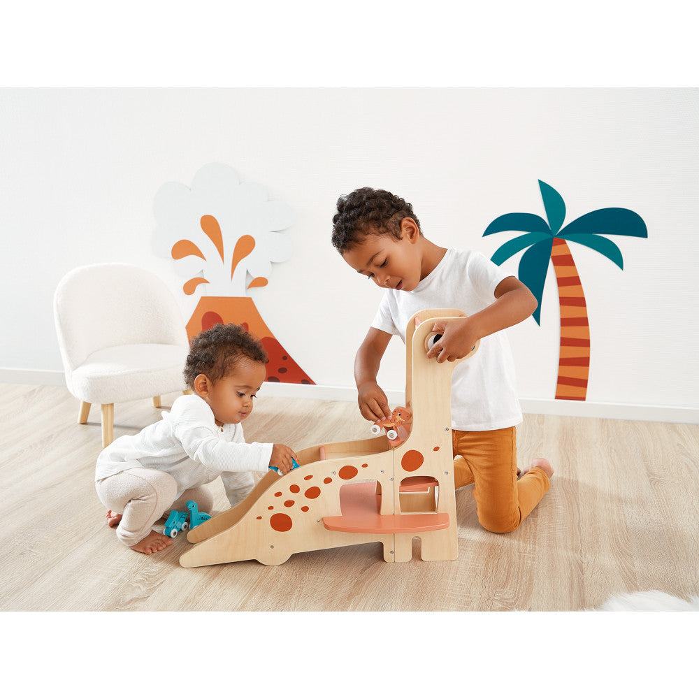 Janod Dino Diplodocus Themed Wooden Garage with Dinosaur Toys
