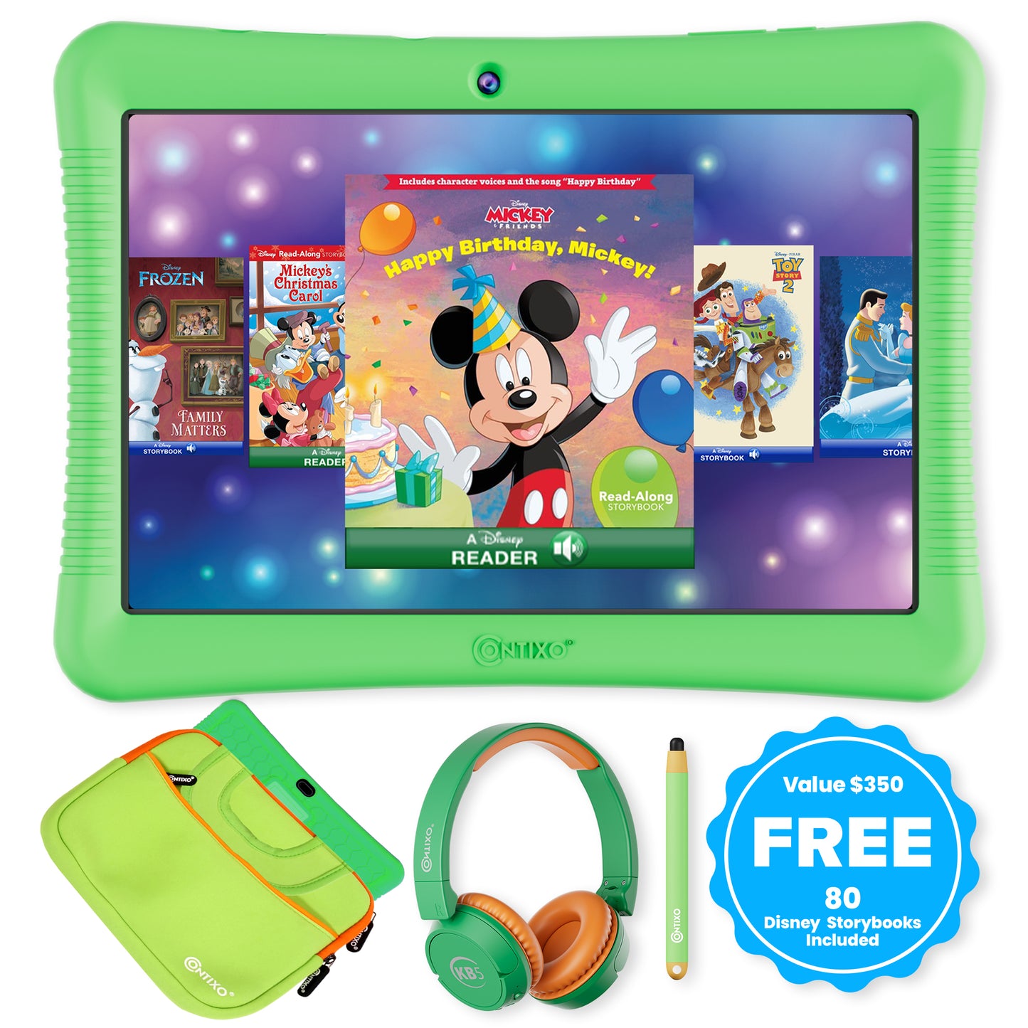 Contixo K102 10" Kids Tablet Bundle with Disney Ebooks & Accessories - Green