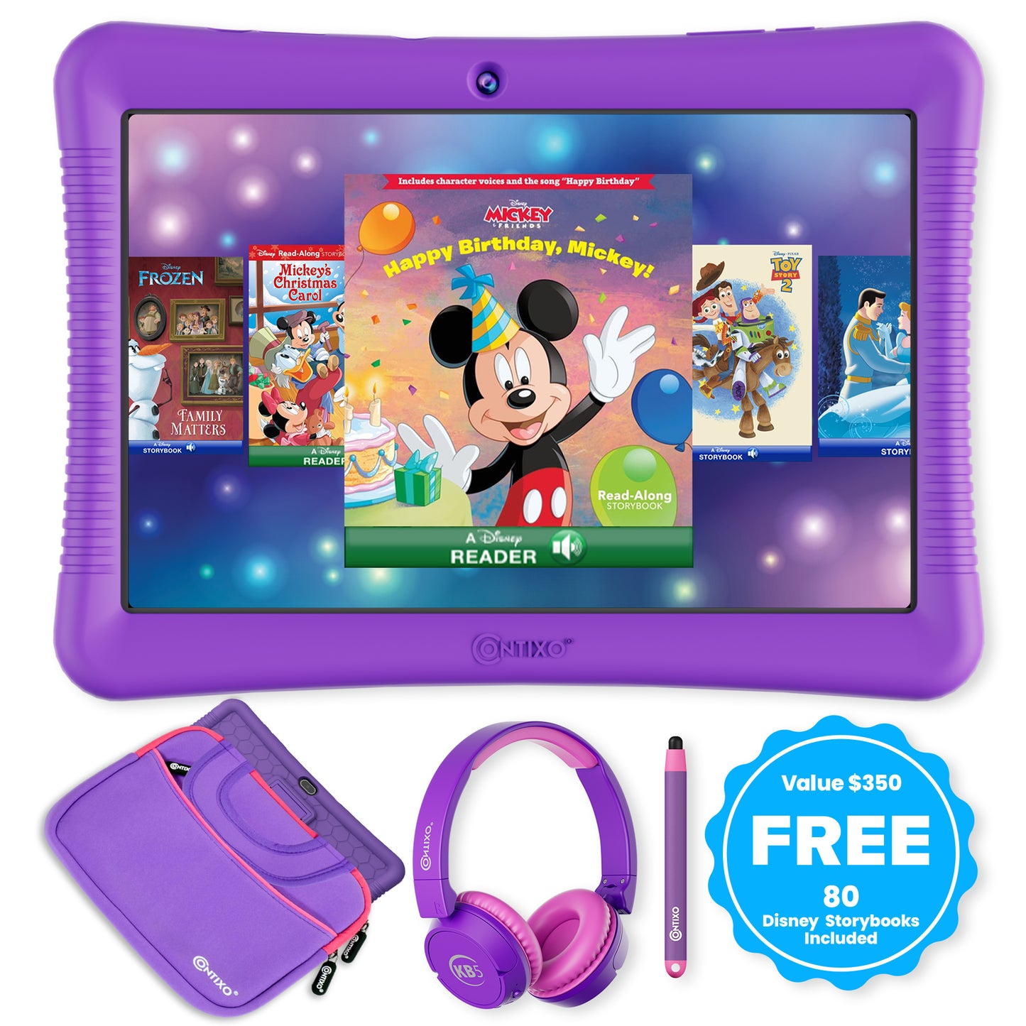 Contixo 10" Kids Tablet with Disney eBooks & Accessories - Purple