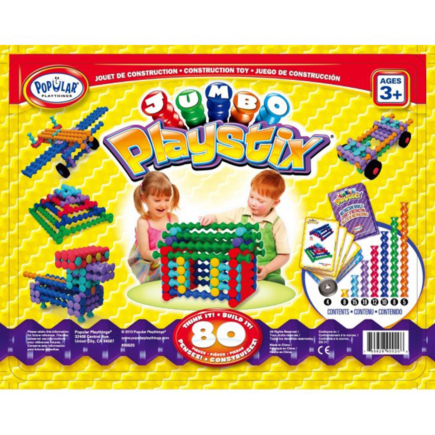 Popular Playthings Jumbo Playstix 80-Piece Set - Colorful Construction Toy