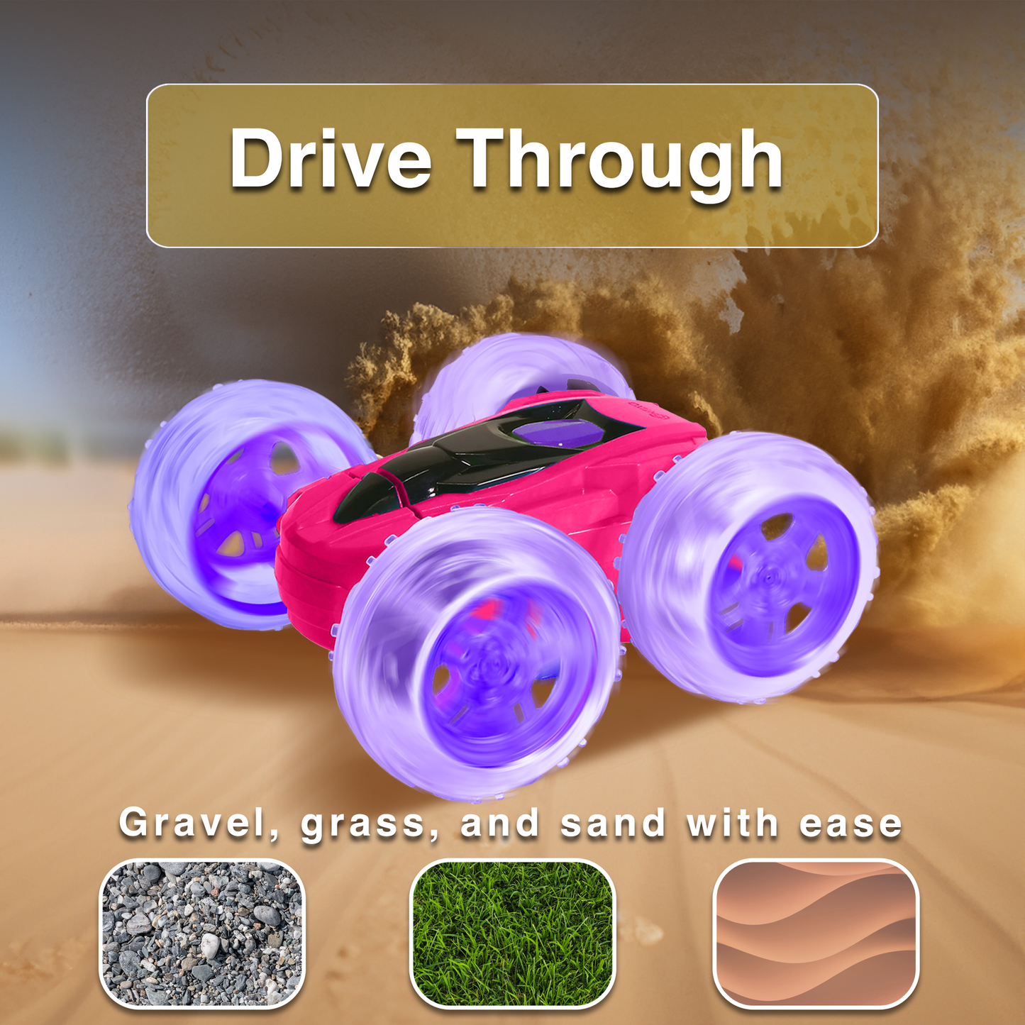 Contixo Flip Racer Remote Control Car with purple LED wheels and pink body driving through sand