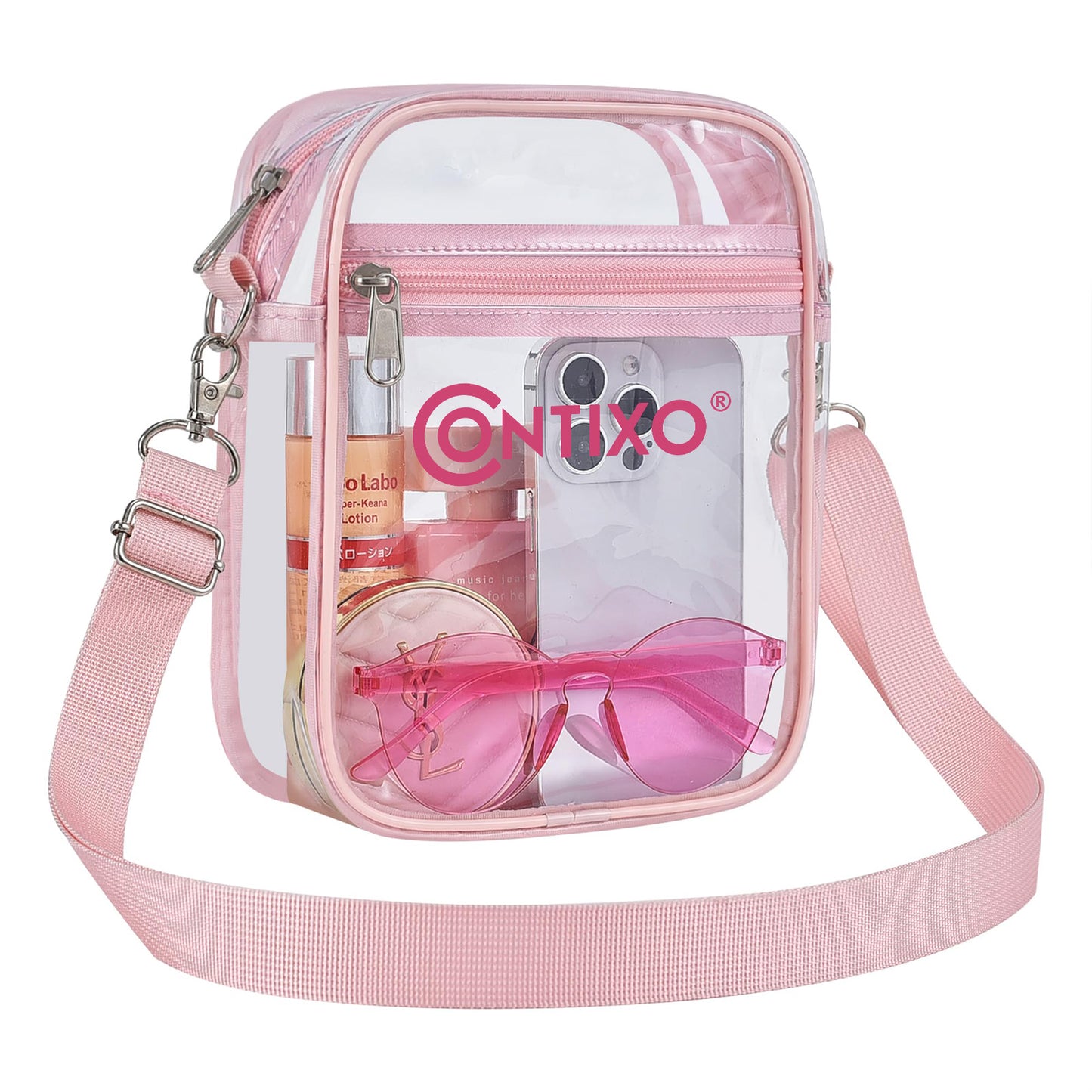 Contixo 7'' Pink Clear Crossbody Bag, Stadium Approved with Adjustable Strap