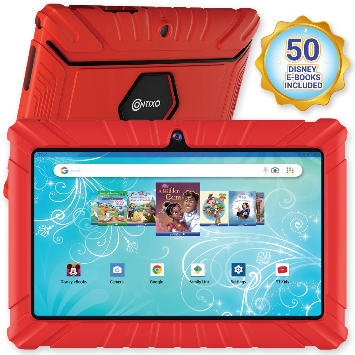 Red Contixo kids tablet with 7-inch screen displaying home screen with Disney eBooks app, camera, Google, Family Link, Settings, and YouTube Kids icons; gold ba