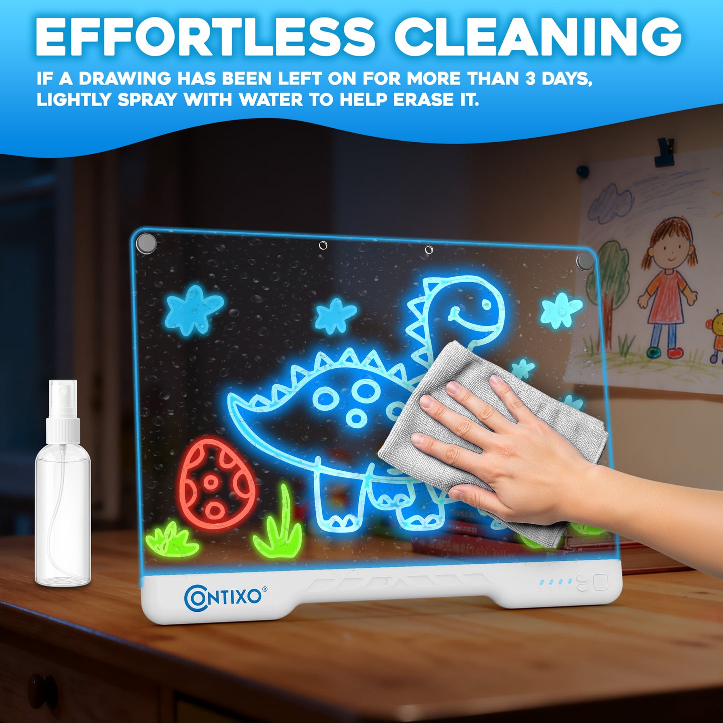 Contixo WB1 16" LED Drawing Board with neon dinosaur and flower designs, spray bottle, and cleaning cloth
