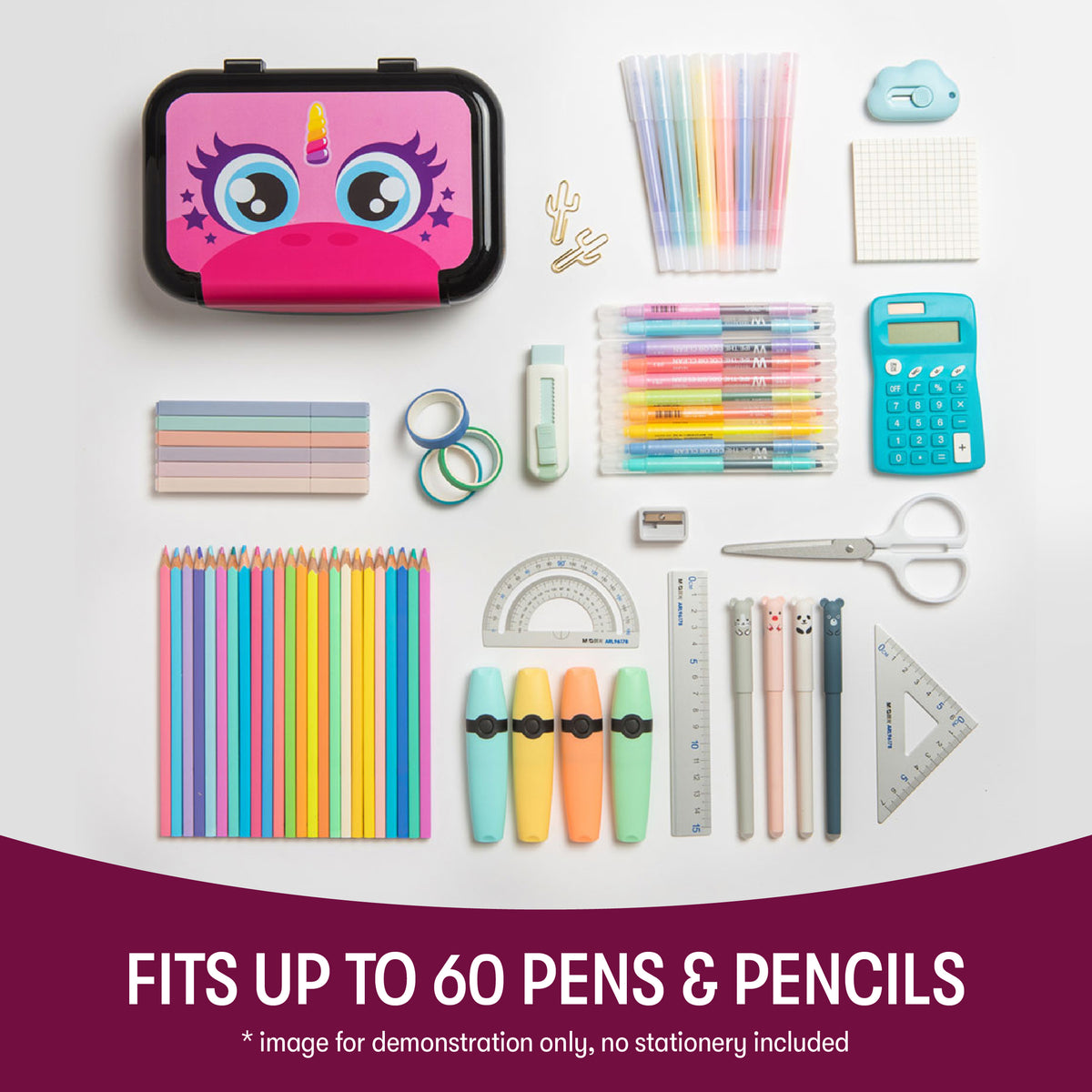 ZIPIT Recycled Plastic Pencil Box 2-Pack Bundle with Kitty and Pink Unicorn designs, holds up to 60 pens and pencils