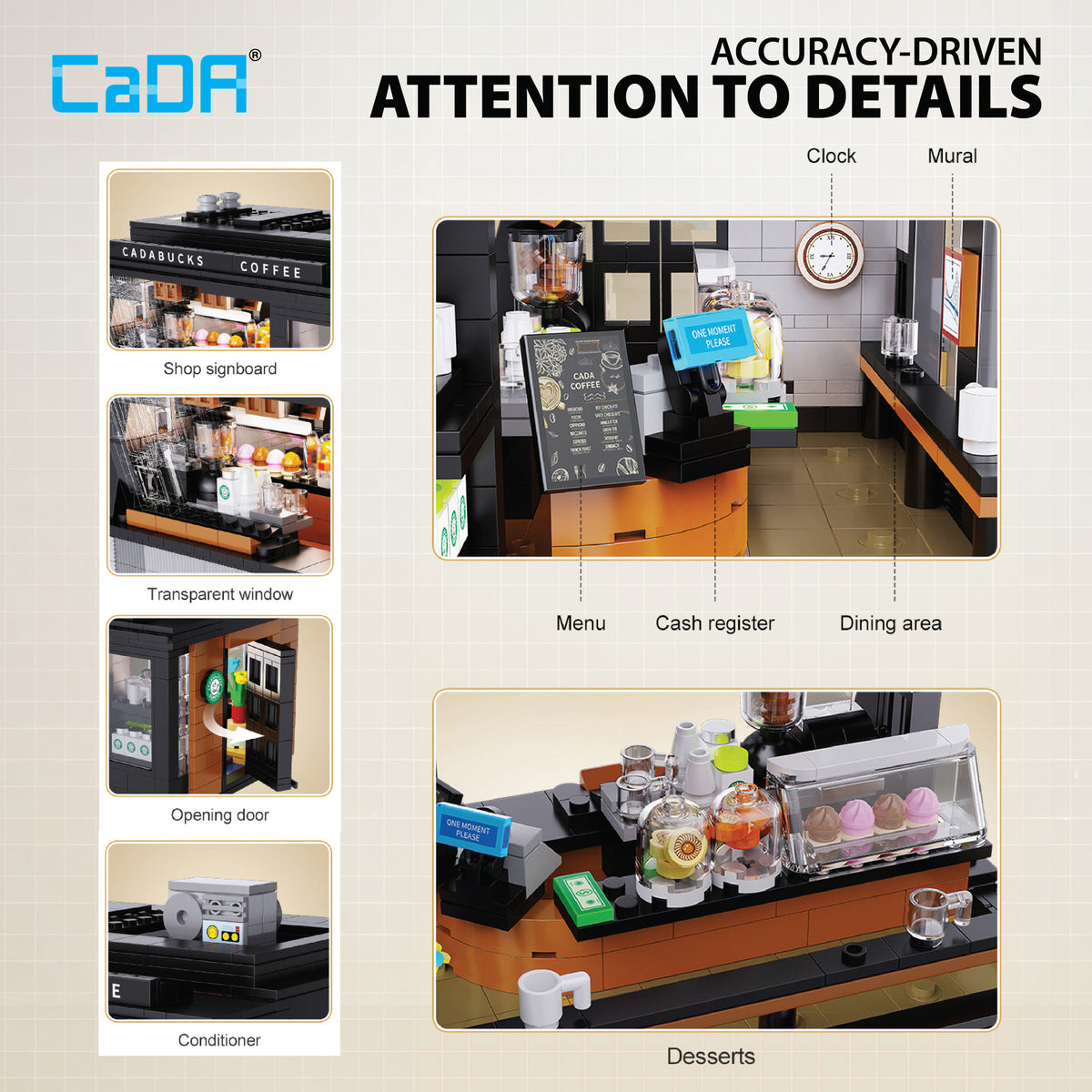 CaDA Coffee House 768-piece building set with detailed café interior, clock, menu board, and dessert display