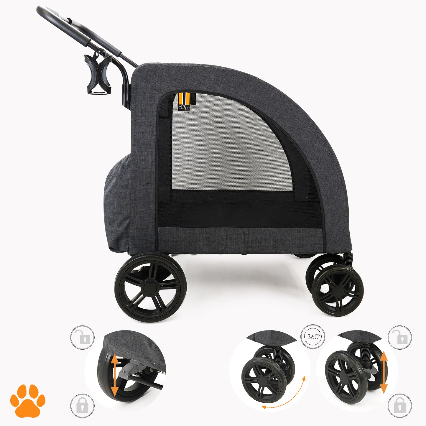 My Duque Chester pet stroller in melange black with 360° rotating wheels and raincover