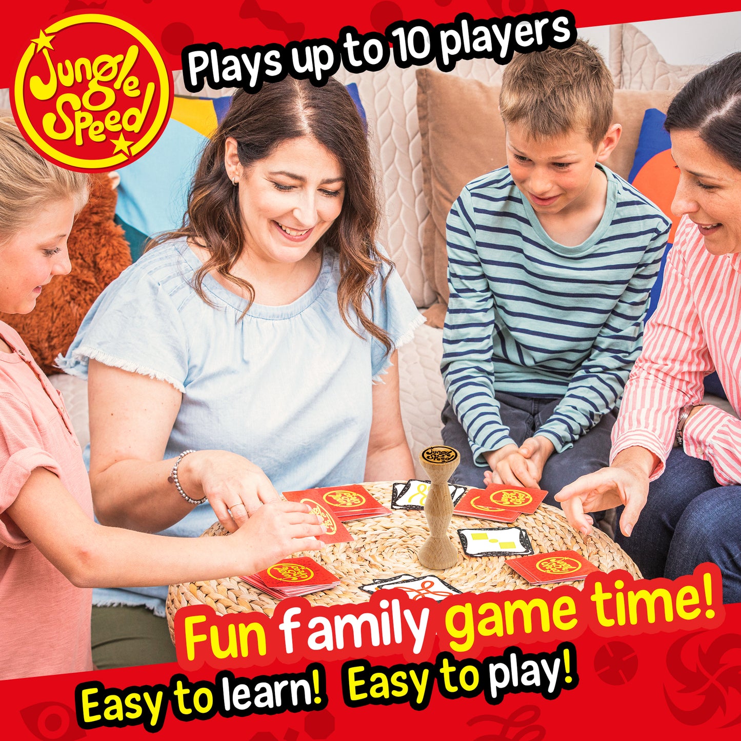 Jungle Speed Eco Edition card game with wooden totem, family playing together