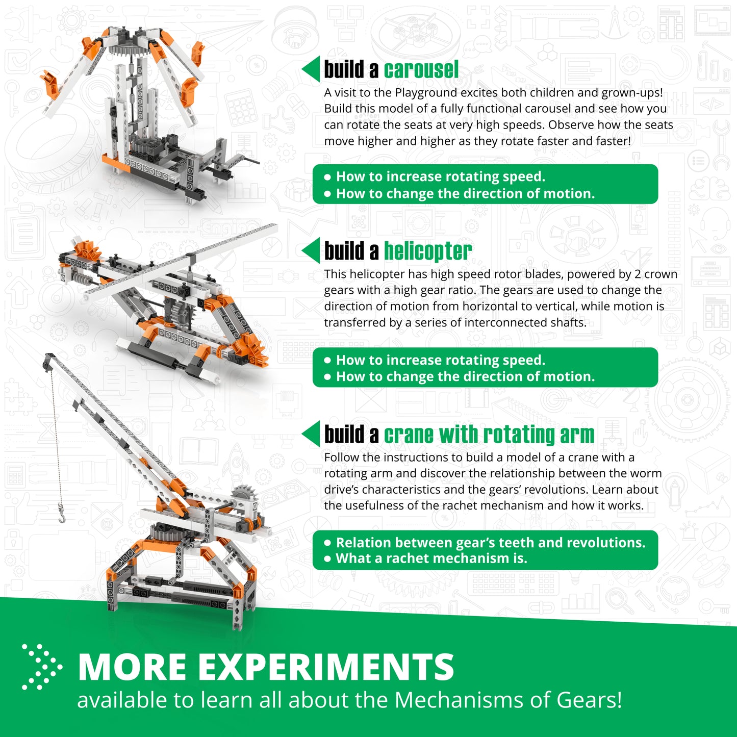 Engino Gears & Worm Drives STEM building set with orange and gray mechanical models including carousel, helicopter, a...