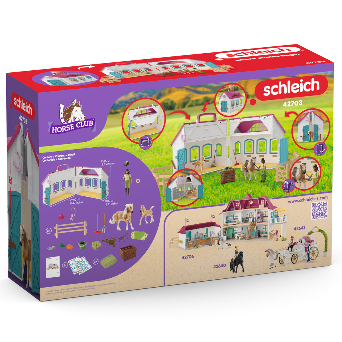Schleich Horse Club Open Stable Little Horseshoe playset with white stable, turquoise doors, horses, figure, and acce...