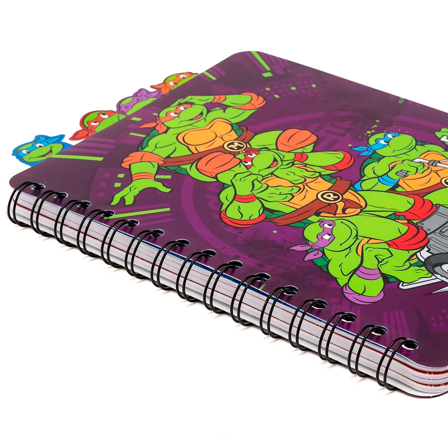 TMNT 4 Tab Journal with spiral binding, purple cover featuring colorful Teenage Mutant Ninja Turtles characters