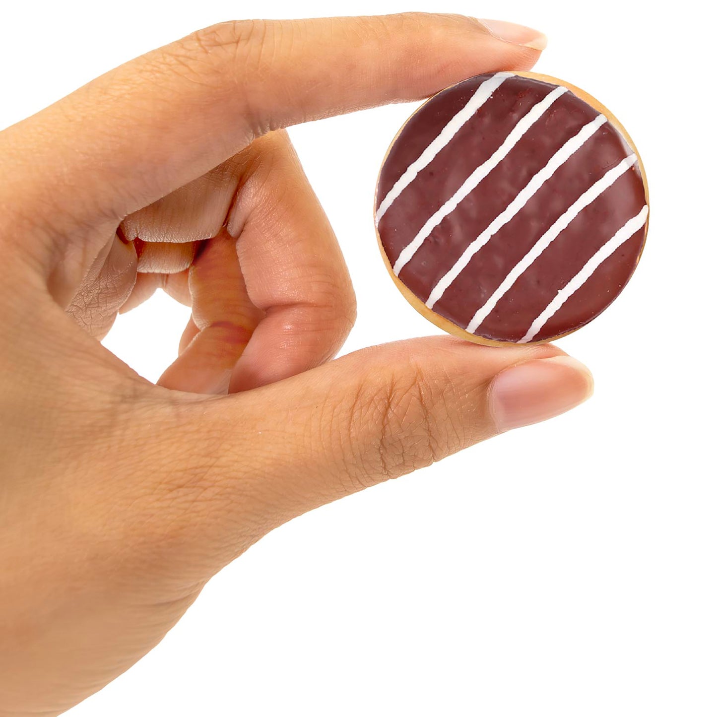 Number Snacks Math Learning Card Game with chocolate frosted donut card featuring white diagonal stripes, held in hand